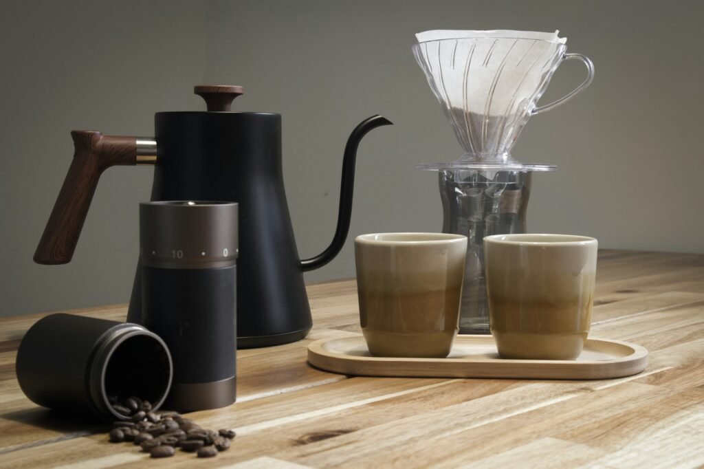 Coffee brewing equipment on a wooden surface